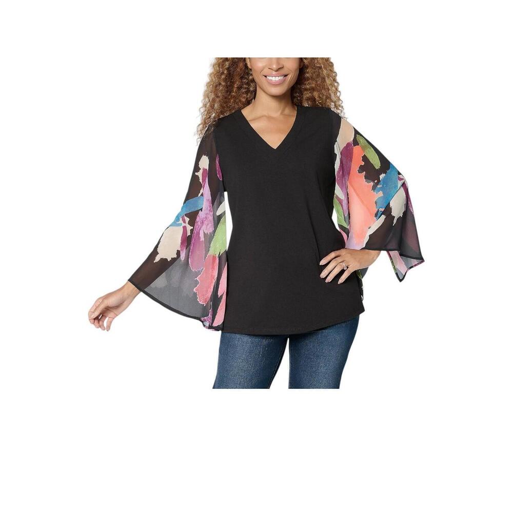 Brandis Women's Autumn Abstract Breezey Sleeve V-Neck Top Black - Regular